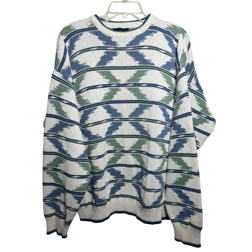 Vintage Geometric Crewneck Sweater Size Large White Blue Green Jack Nicklaus